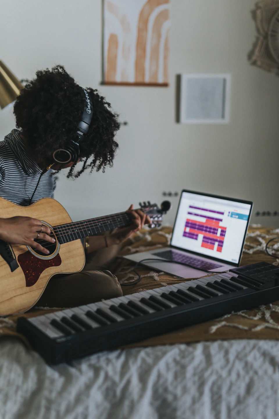 Woman playing brown acoustic guitar