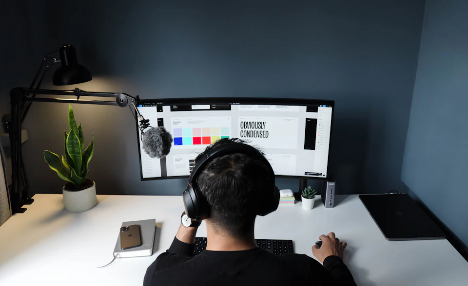 Man in black shirt sitting in front of computer