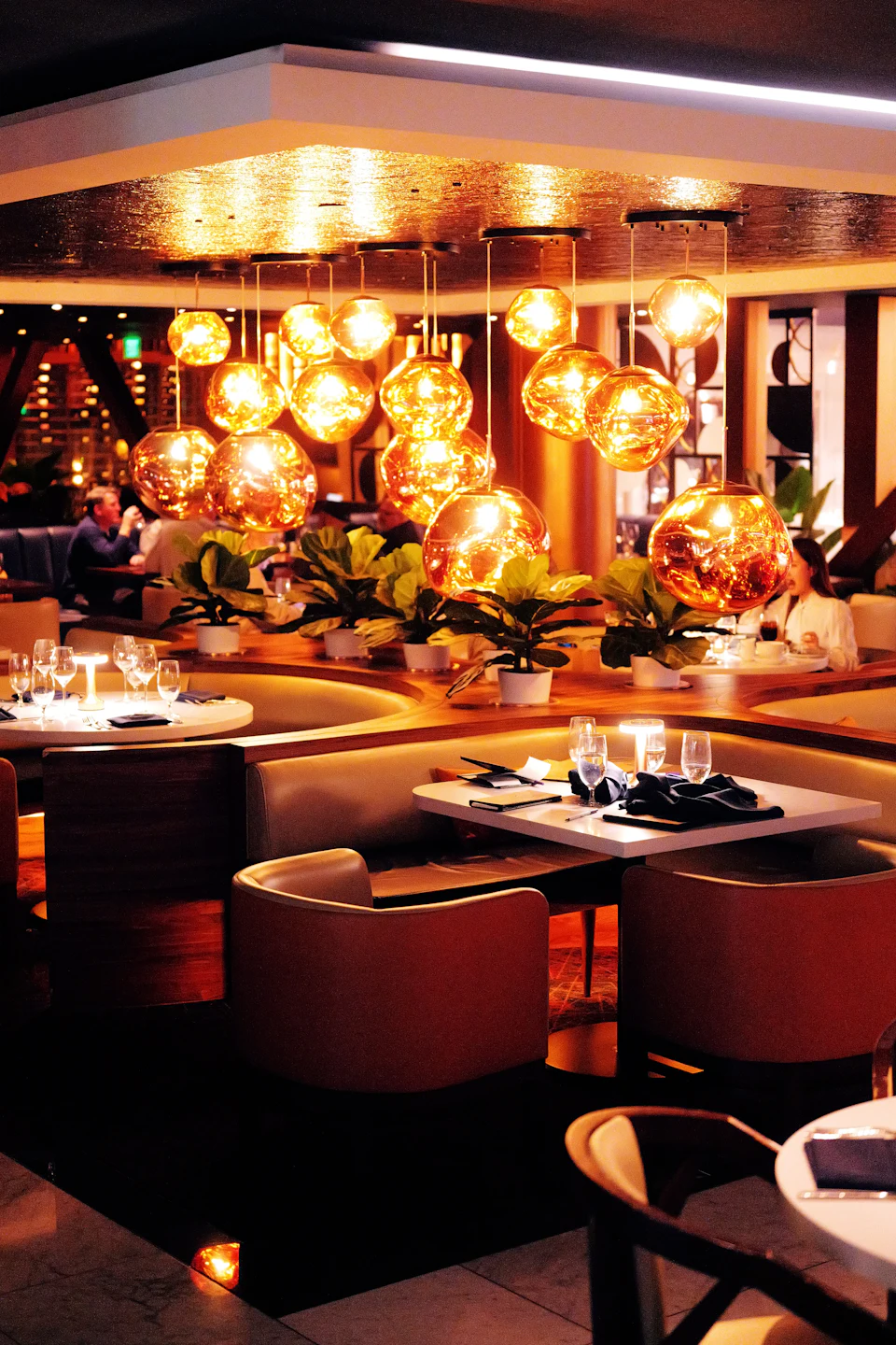 Elegant restaurant dining area with warm lighting